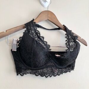 Victorias Secret Pink Full Lace Lined Halter Strap Bralette Bra Black